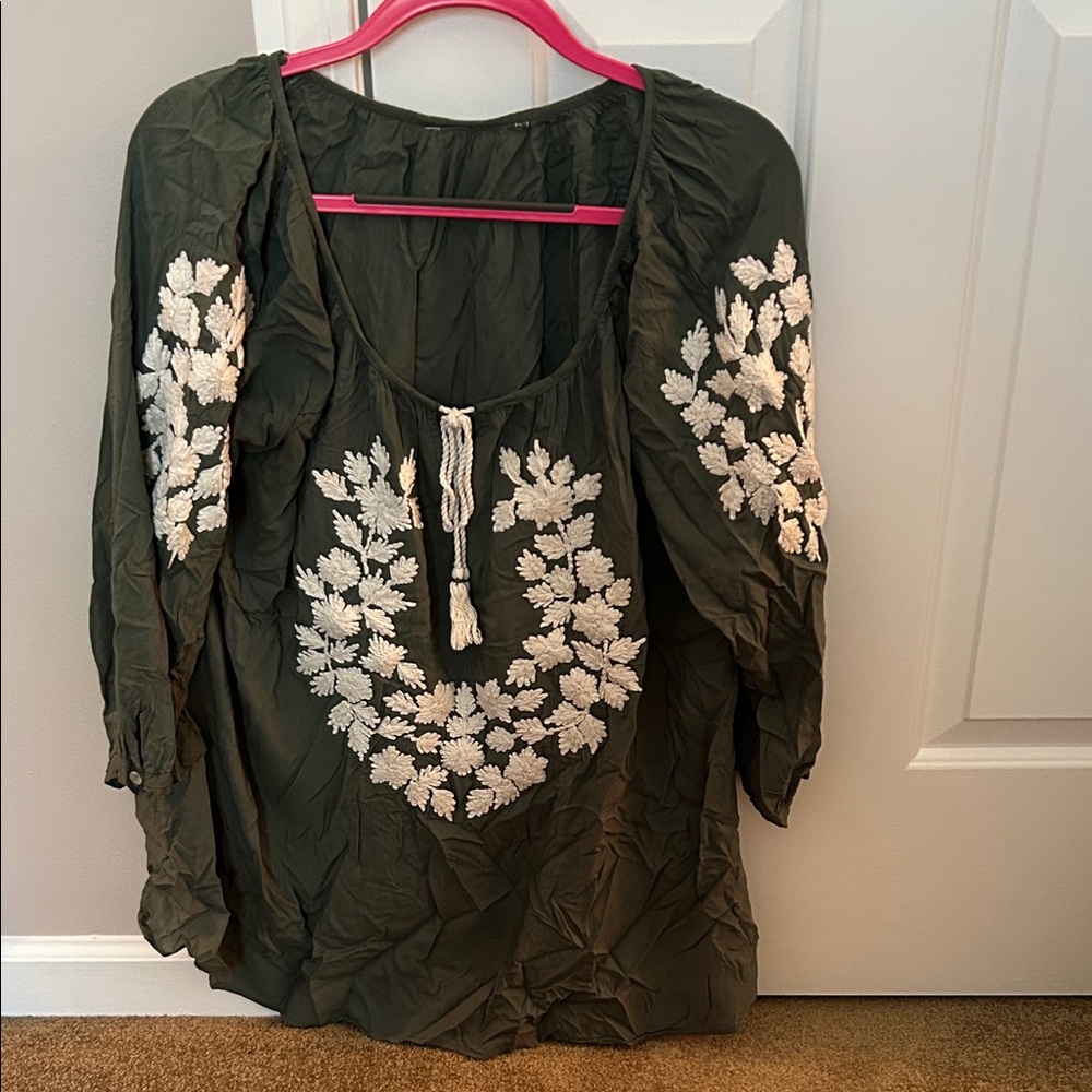 Olive Green Peasant Blouse with White Embroidery